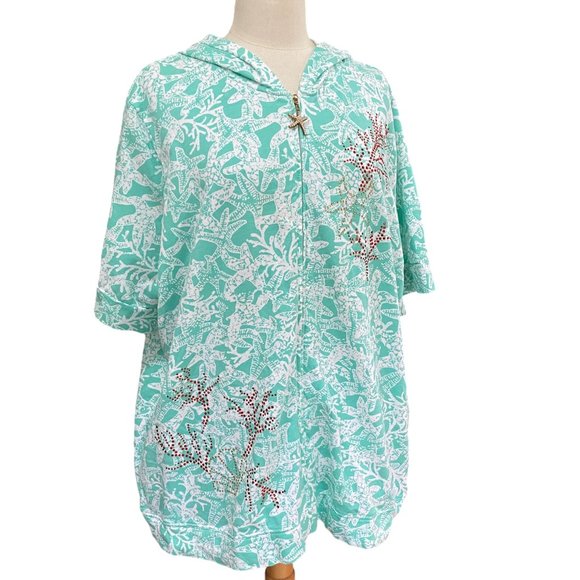 Quacker Factory Coastal Beach Starfish Rhinestone Zip Coverup Lounge Hoodie-2X - Picture 1 of 16